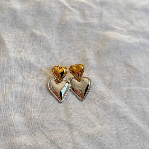 Puffed Double Hearts Gold/Silver Valentine's Earrings OS - Picture 1 of 8